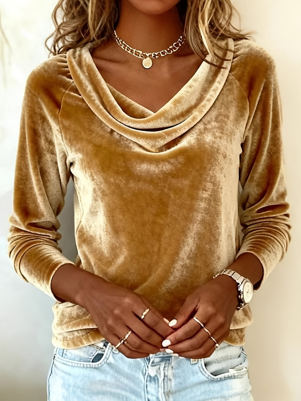 Women'S Fashion New Solid Color Batwing Neckline Velvet T-shirt | Long-sleeve, Asymmetrical Design, Elegant Style, Versatile Everyday Top for Spring and Autumn