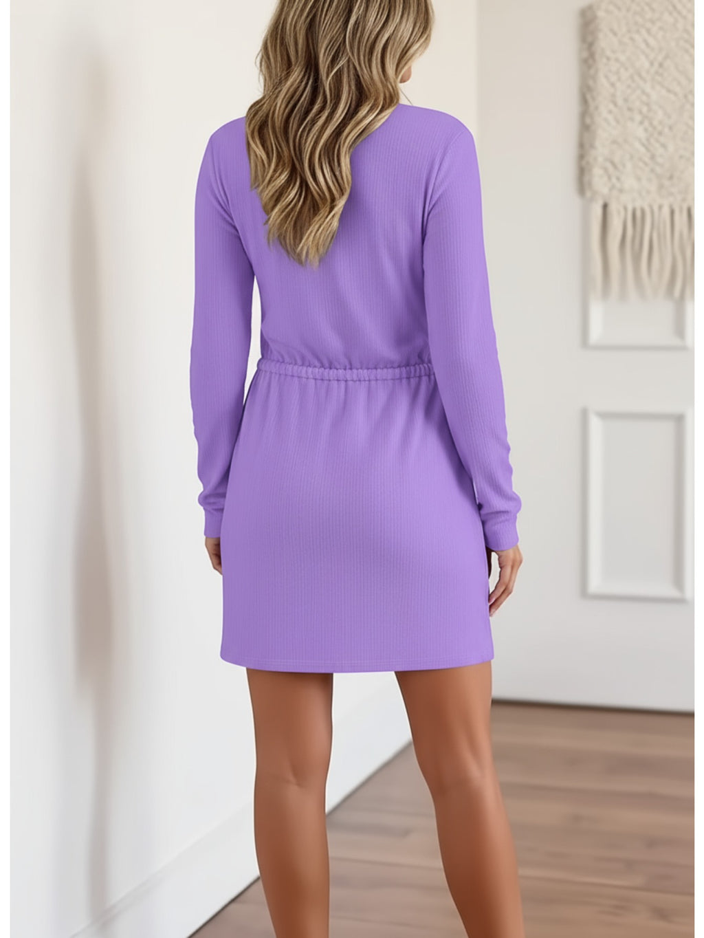 Women's Light Purple Half-Zip Dress with Drawstring Waist - Long Sleeve Homewear Dress for Fall/Winter, Solid Color Casual Elegant Lounge Dress (No transparency issues)