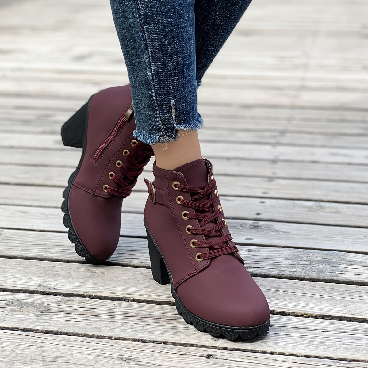 Women's Chunky Heel Ankle Boots - Black Faux Cover Lace-Up Side Zipper Booties with Golden Accents, Cap Toe & Comfortable Block Heel for Casual Outings