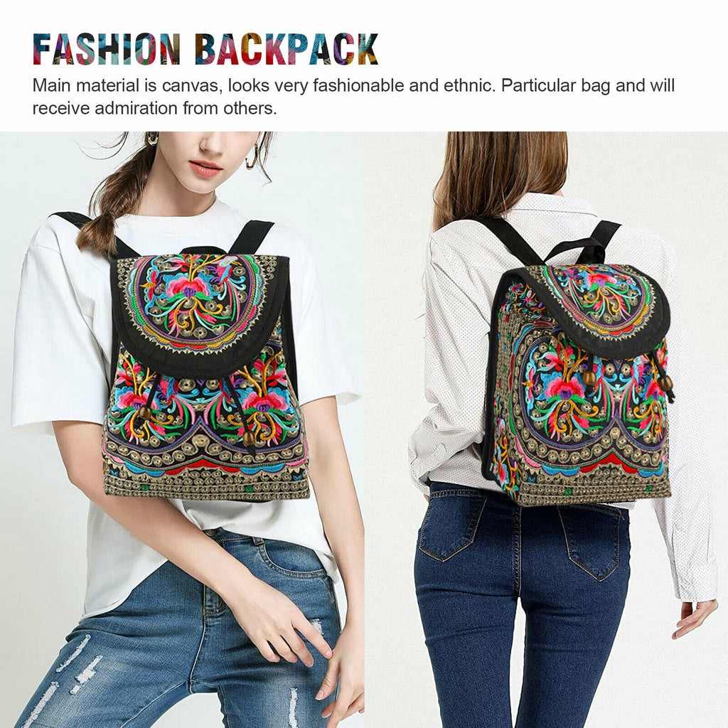 GUDAOBELL Women's Vintage Floral Embroidered Backpack - Pink Geometric Pattern Travel Bag with Tablet Compartment, Adjustable Shoulder Straps & Drawstring Closure for, Work, Daily Use