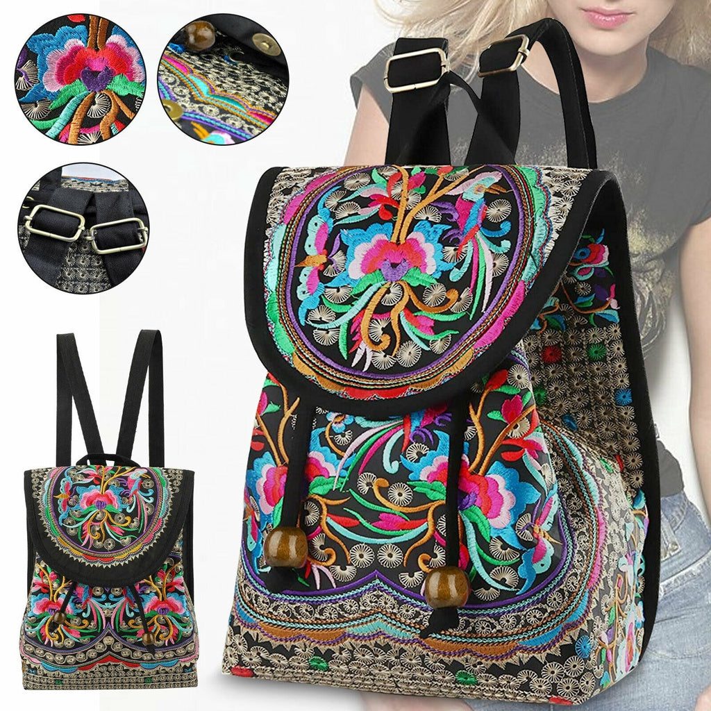 GUDAOBELL Women's Vintage Floral Embroidered Backpack - Pink Geometric Pattern Travel Bag with Tablet Compartment, Adjustable Shoulder Straps & Drawstring Closure for, Work, Daily Use