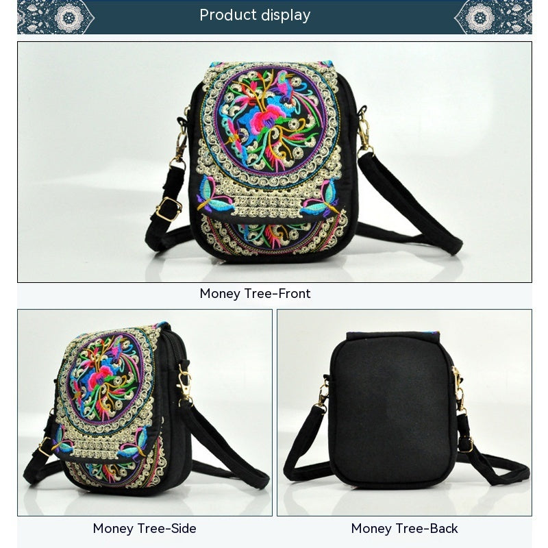Women's Lightweight Embroidered Crossbody Bag with Detachable Strap - Floral Geometric Embroidery Design, Zipper Closure, Compact Mini Shoulder Bag for Everyday Essentials (Navy/Purple/Red/Black), Crossbody Bag, Polyester Lin