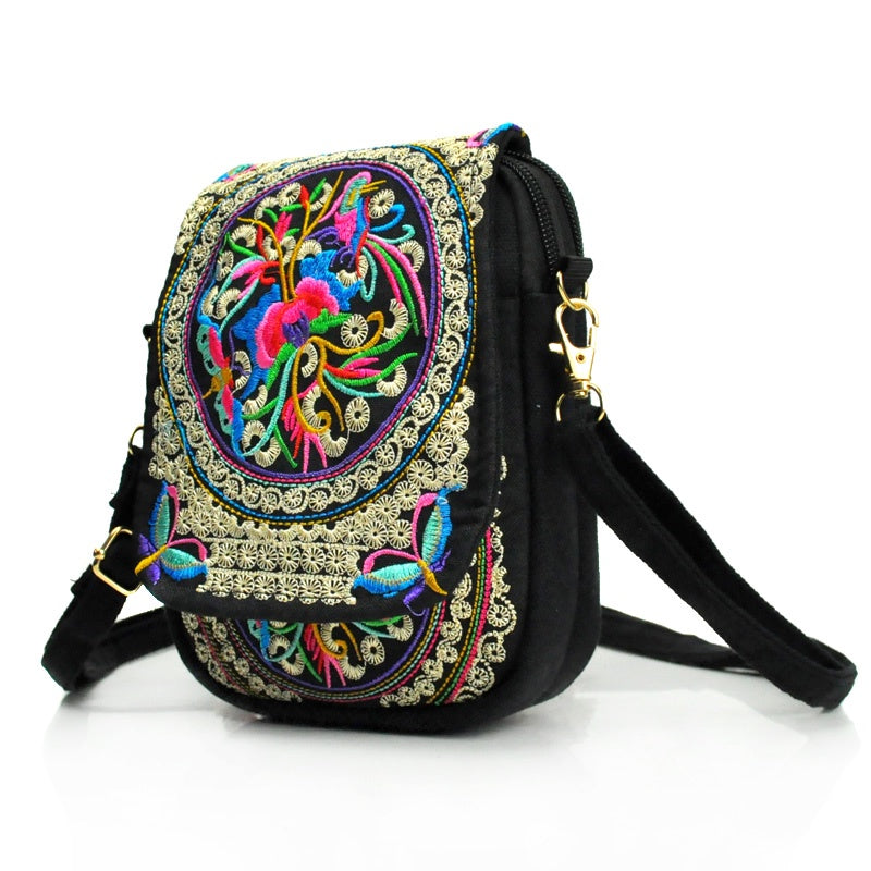 Women's Lightweight Embroidered Crossbody Bag with Detachable Strap - Floral Geometric Embroidery Design, Zipper Closure, Compact Mini Shoulder Bag for Everyday Essentials (Navy/Purple/Red/Black), Crossbody Bag, Polyester Lin