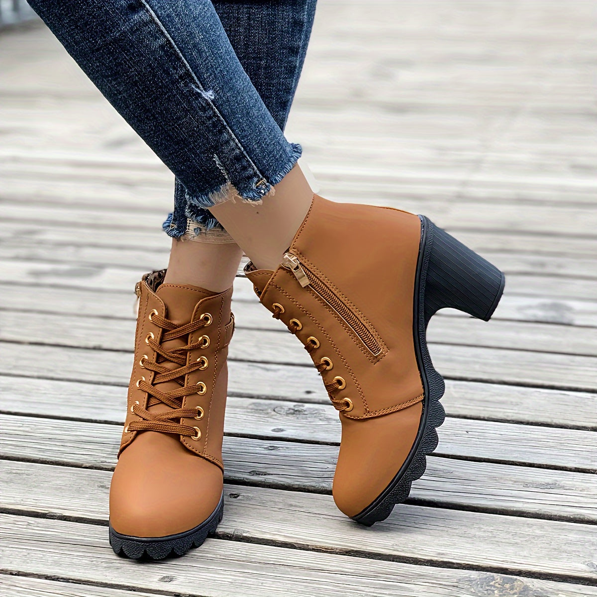 Women's Chunky Heel Ankle Boots - Black Faux Cover Lace-Up Side Zipper Booties with Golden Accents, Cap Toe & Comfortable Block Heel for Casual Outings