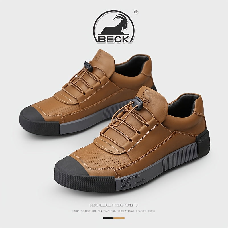 BECK Men's Genuine Leather Lace-Up Shoes - Full-Grain Cowhide Upper, Pigskin & Rubber Sole, Low-Top Round Toe Casual & s, Breathable Brown/Beige Traction Tread for Office, Streetwear (Comfortable All-Season) - Beige