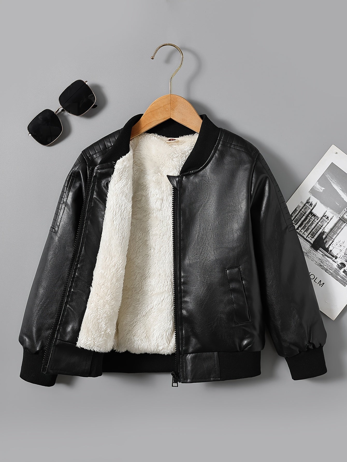 [Fleece-Lined Jacket] Cozy Fleece-Lined Boys' Zip-Up Jacket | Casual Stand Collar, Long Sleeve Outerwear for Fall/Winter