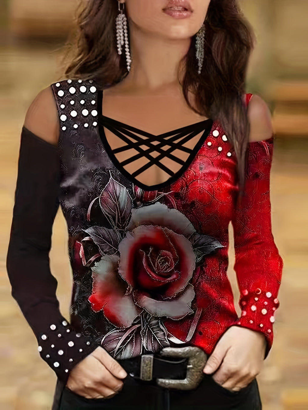 Floral Print Color Block V-Neck Long Sleeve T-Shirt for Women, Casual Everyday Tops