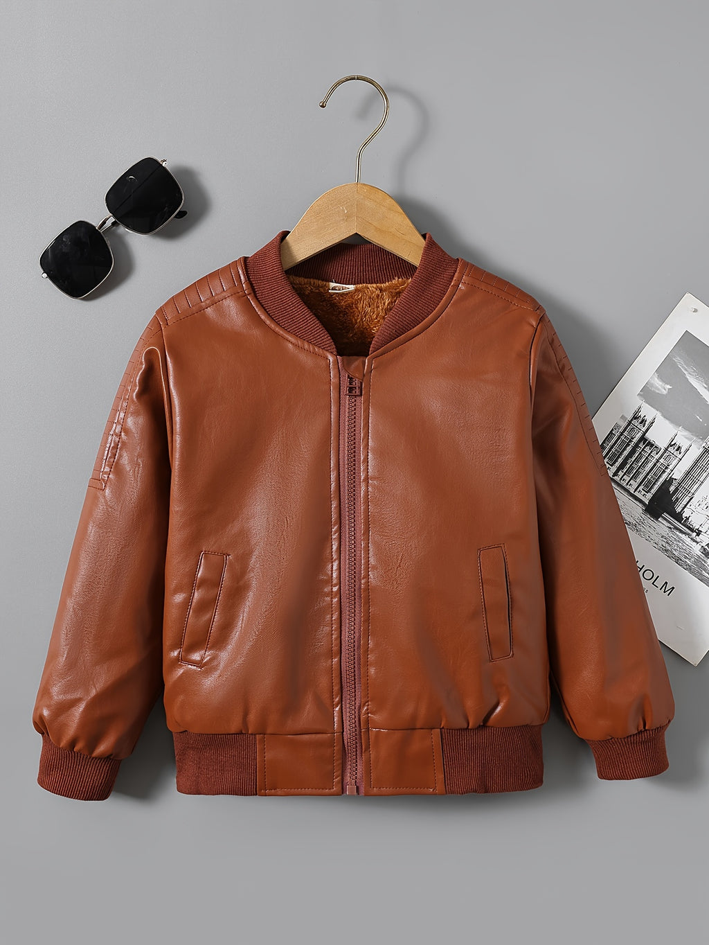 [Fleece-Lined Jacket] Cozy Fleece-Lined Boys' Zip-Up Jacket | Casual Stand Collar, Long Sleeve Outerwear for Fall/Winter