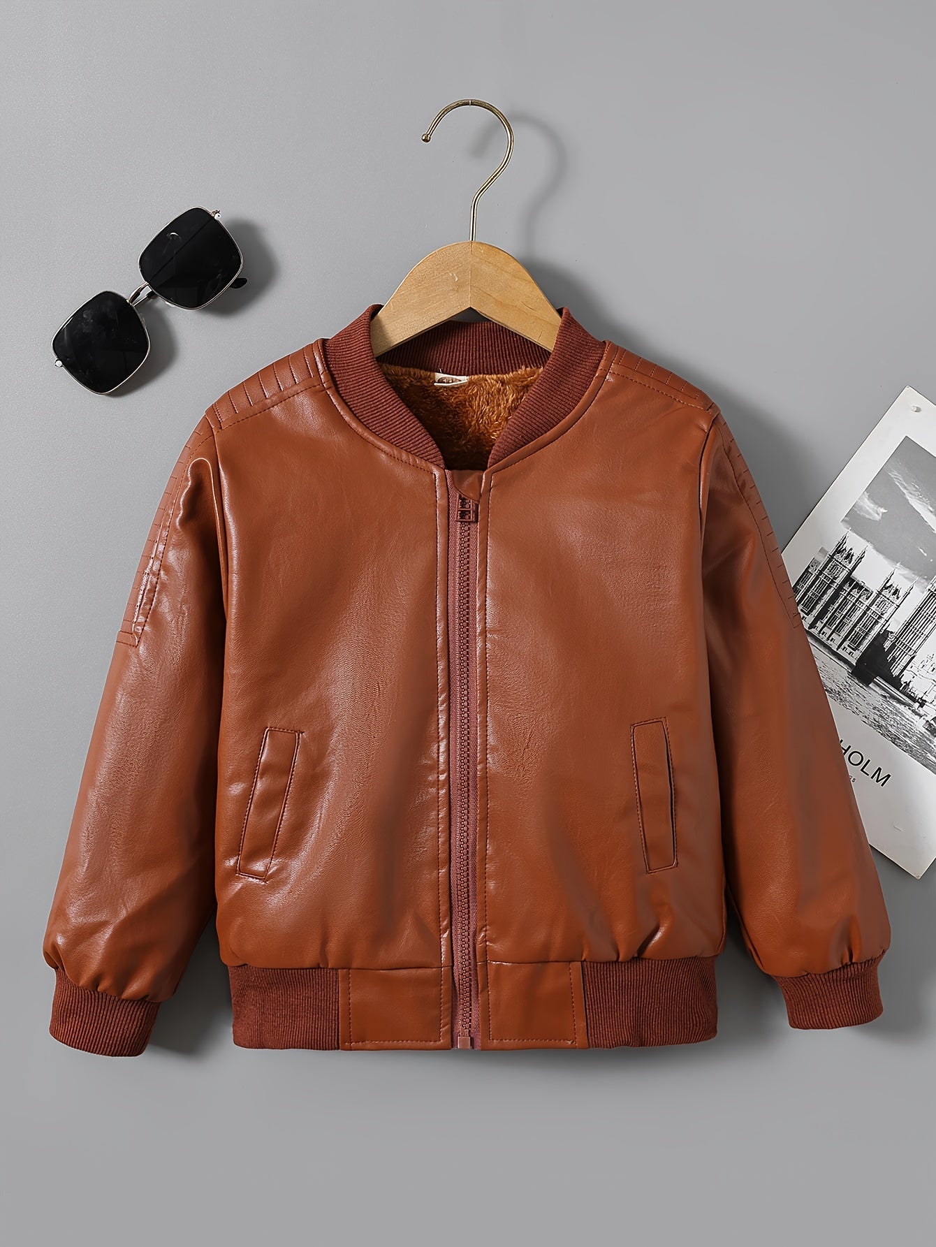 [Fleece-Lined Jacket] Cozy Fleece-Lined Boys' Zip-Up Jacket | Casual Stand Collar, Long Sleeve Outerwear for Fall/Winter
