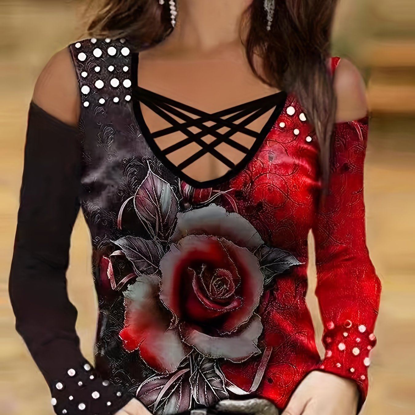 Floral Print Color Block V-Neck Long Sleeve T-Shirt for Women, Casual Everyday Tops