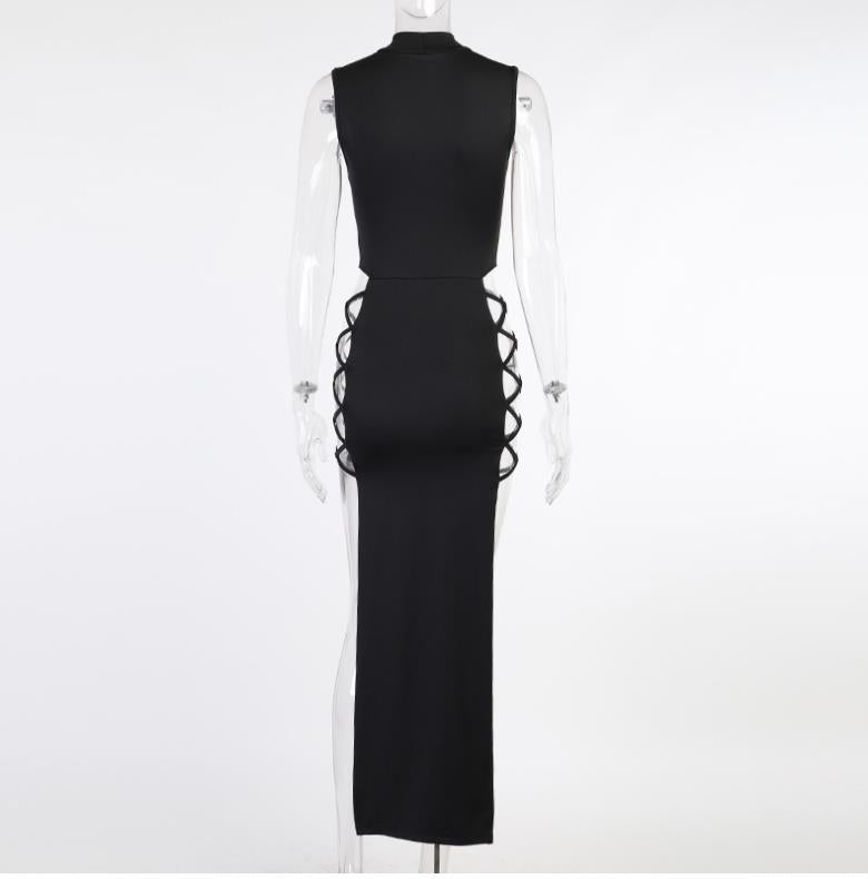 2022 New Sexy Tank Top Tie Long Dress with High Slit and Side Cutouts | High Neck Bodycon Style for Spring/Fall.
