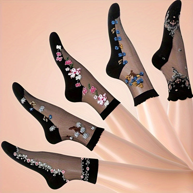 [5 Pairs Crystal Socks] 5 Pairs Thin Glass Jacquard Crystal Ice Slick Fiber Women's Socks