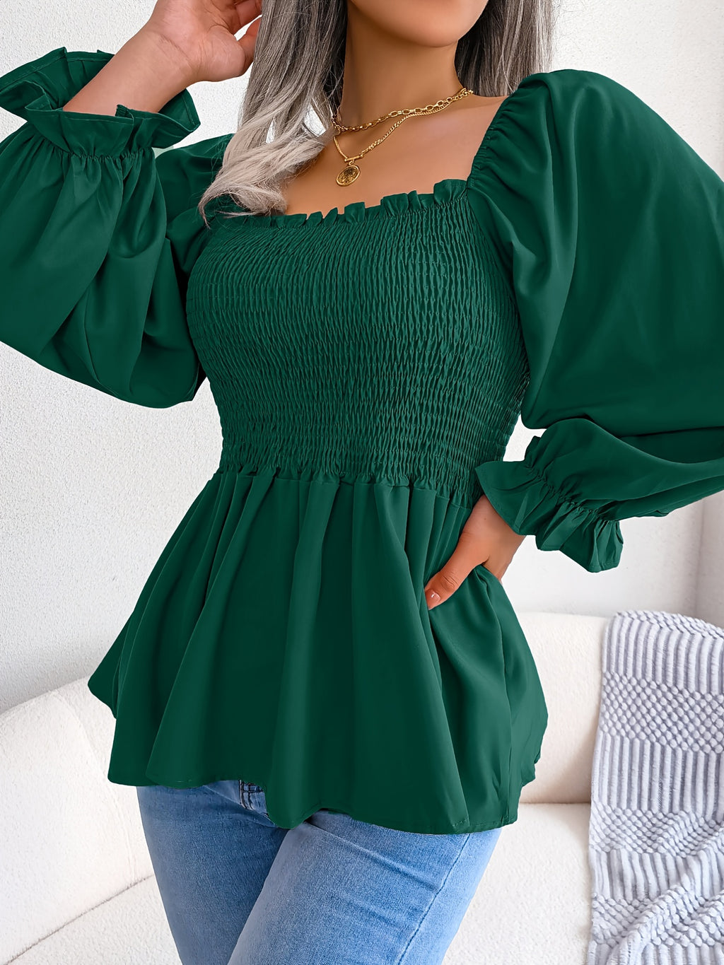 [Chic Blouse] Soft Chiffon Women's Casual Chic Square Neck Blouse | Long Sleeve Top with Flared Sleeves & Ruffled Hem - Solid Color, Machine Washable, Autumn Apparel, Versatile Clothing