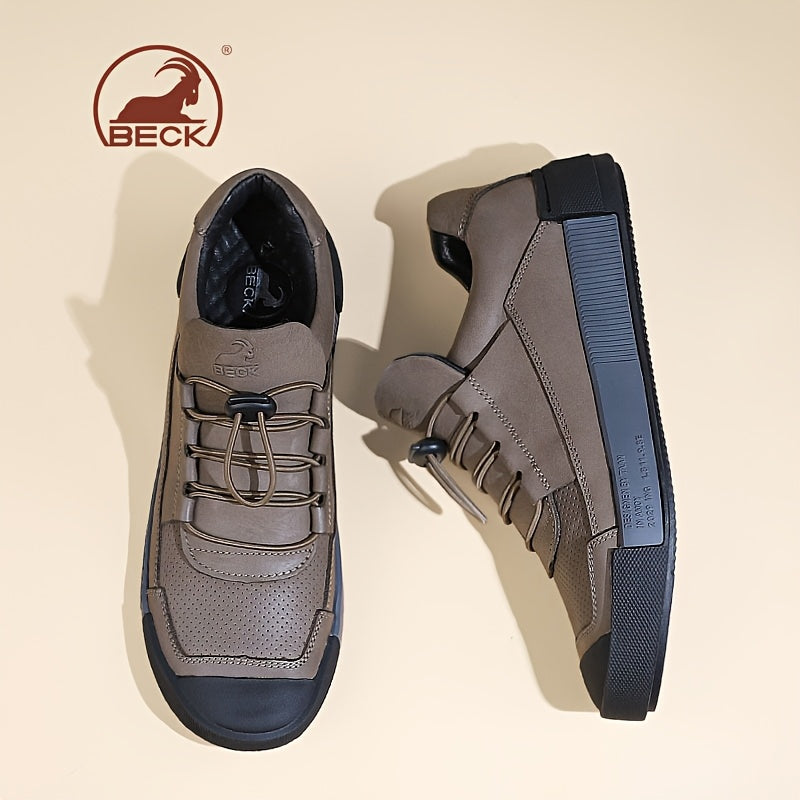BECK Men's Genuine Leather Lace-Up Shoes - Full-Grain Cowhide Upper, Pigskin & Rubber Sole, Low-Top Round Toe Casual & s, Breathable Brown/Beige Traction Tread for Office, Streetwear (Comfortable All-Season) - Beige