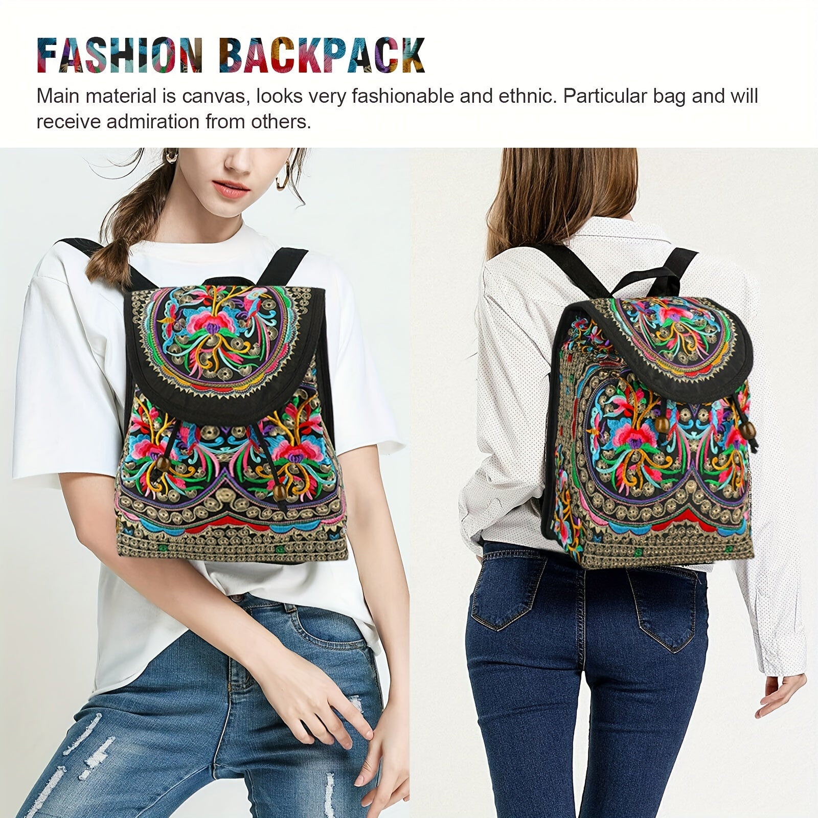 GUDAOBELL Women's Vintage Floral Embroidered Backpack - Pink Geometric Pattern Travel Bag with Tablet Compartment, Adjustable Shoulder Straps & Drawstring Closure for, Work, Daily Use