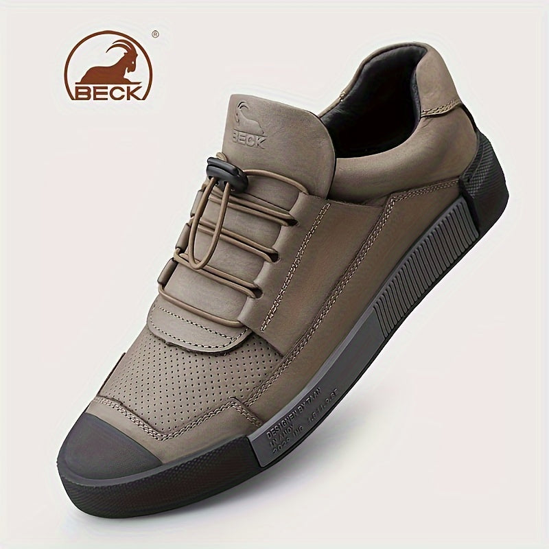 BECK Men's Genuine Leather Lace-Up Shoes - Full-Grain Cowhide Upper, Pigskin & Rubber Sole, Low-Top Round Toe Casual & s, Breathable Brown/Beige Traction Tread for Office, Streetwear (Comfortable All-Season) - Beige