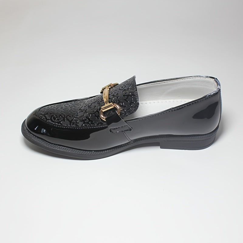 Boys' Lightweight Slip-On Shoes - Black Round Toe with Golden Buckle Straps, Breathable & Comfortable for Casual or Formal Wear, Youngsters'S Shoes, Stylish Youngsters Footwear, Durable Tpr Sole