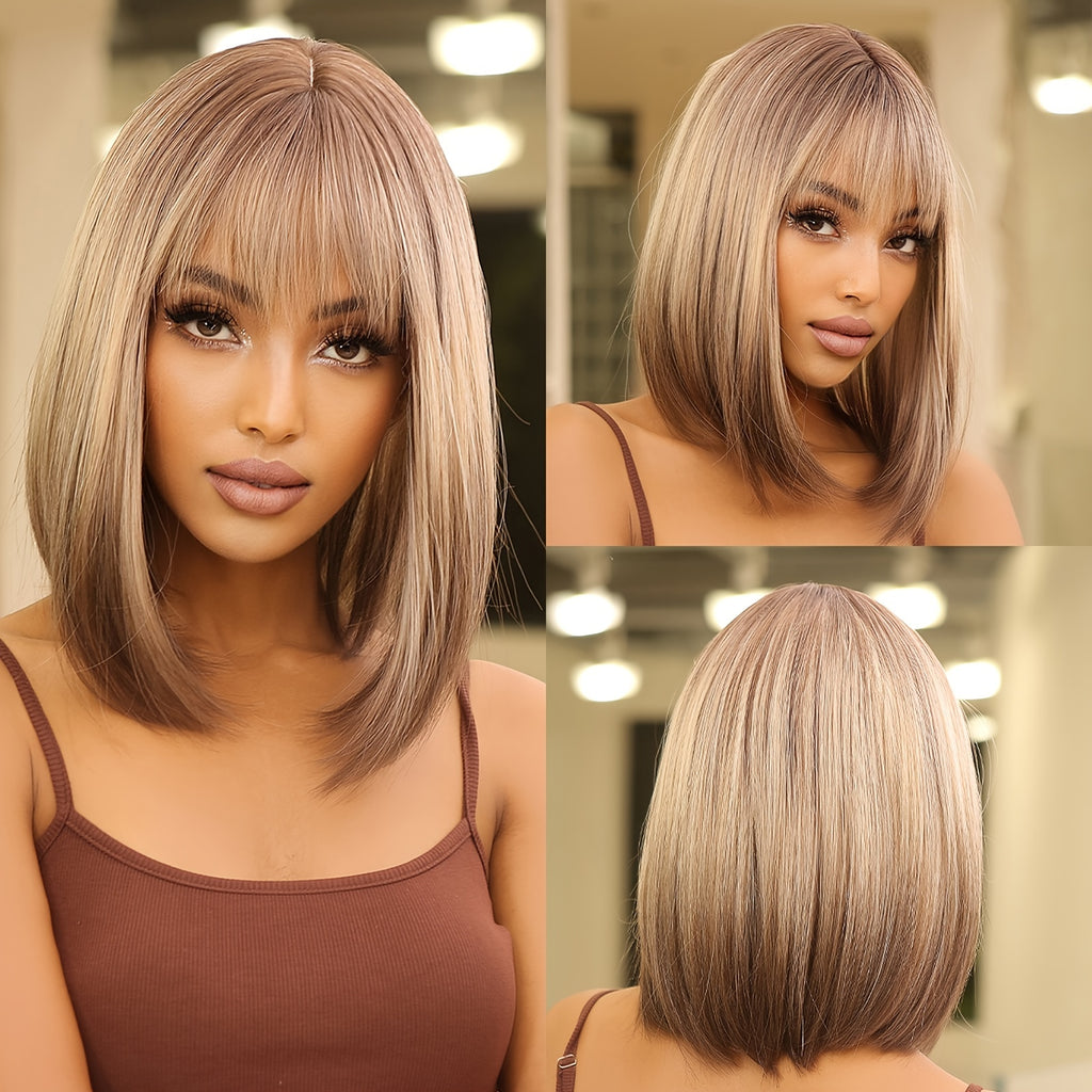 Elegant 14 inch Gray Ombre Brown Bob Wig for Women with Bangs, Shoulder Length Straight Hair Wig, High Temperature Fiber, Rose Net Cap, Natural Look