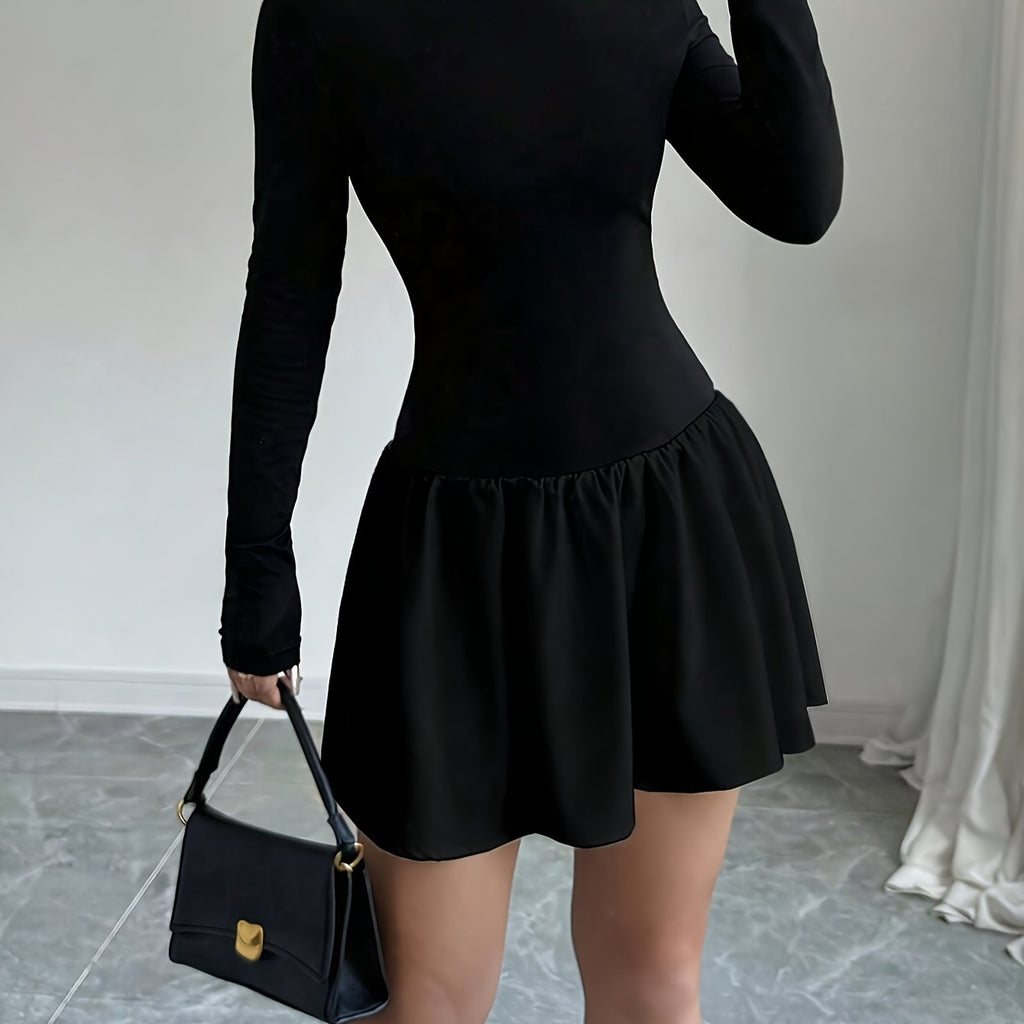 Elegant A-Line Dress - Solid Color High-Neck Slim Fit Winter Dress with Machine Washable Fabric, Party Wedding Commute Dress, Moderate Stretch A-Line Silhouette for Fall Winter Attire