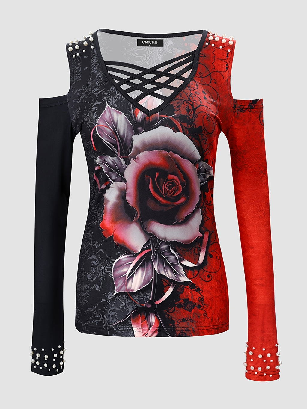Floral Print Color Block V-Neck Long Sleeve T-Shirt for Women, Casual Everyday Tops