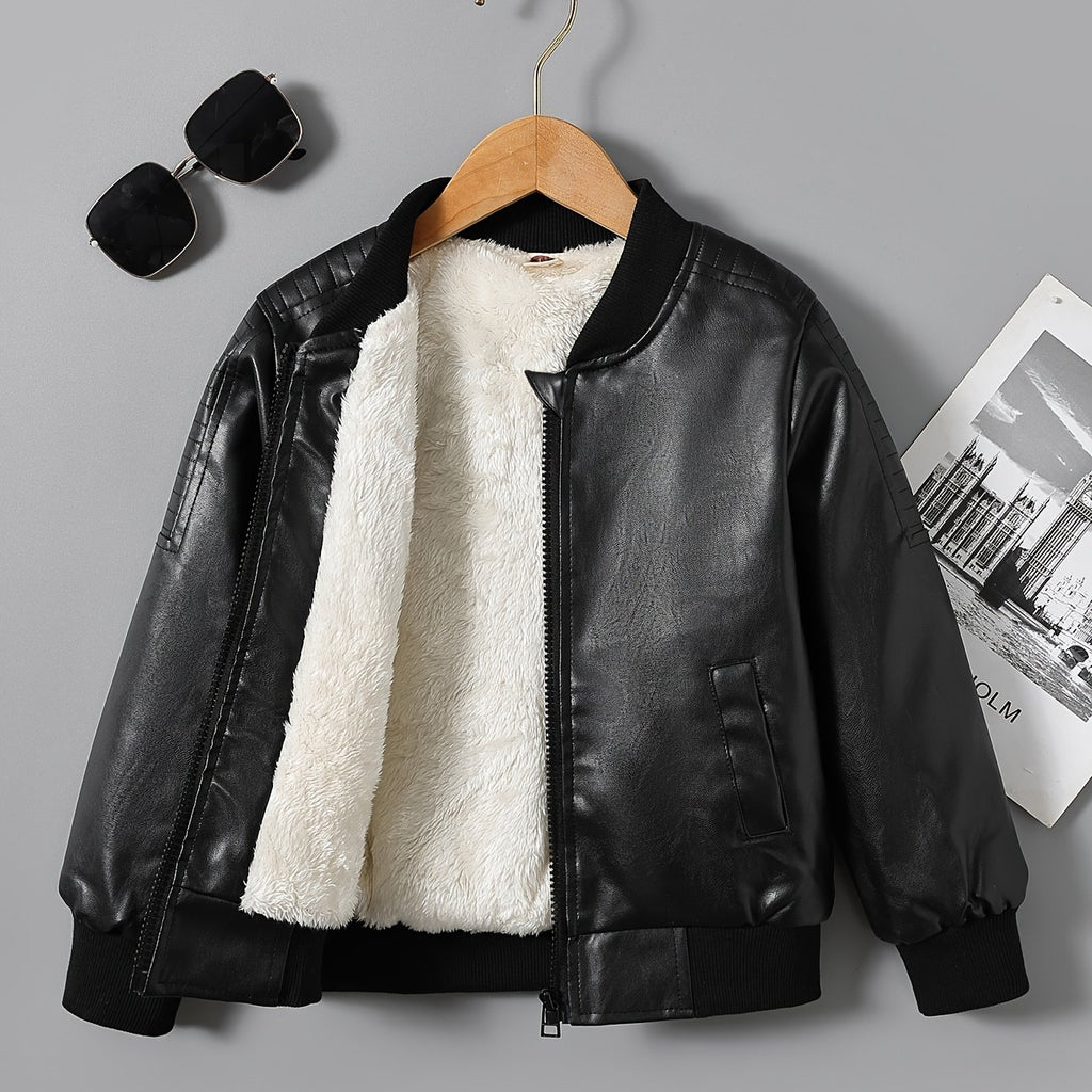 [Fleece-Lined Jacket] Cozy Fleece-Lined Boys' Zip-Up Jacket | Casual Stand Collar, Long Sleeve Outerwear for Fall/Winter