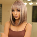Elegant 14 inch Gray Ombre Brown Bob Wig for Women with Bangs, Shoulder Length Straight Hair Wig, High Temperature Fiber, Rose Net Cap, Natural Look