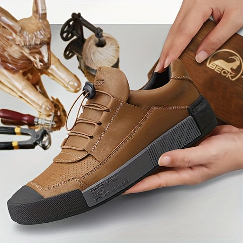 BECK Men's Genuine Leather Lace-Up Shoes - Full-Grain Cowhide Upper, Pigskin & Rubber Sole, Low-Top Round Toe Casual & s, Breathable Brown/Beige Traction Tread for Office, Streetwear (Comfortable All-Season) - Beige