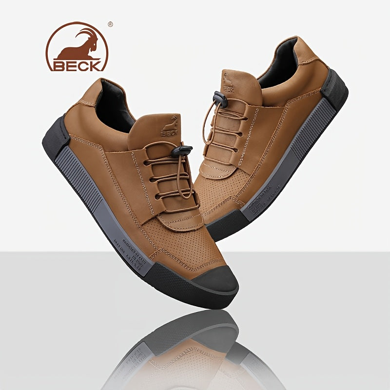 BECK Men's Genuine Leather Lace-Up Shoes - Full-Grain Cowhide Upper, Pigskin & Rubber Sole, Low-Top Round Toe Casual & s, Breathable Brown/Beige Traction Tread for Office, Streetwear (Comfortable All-Season) - Beige