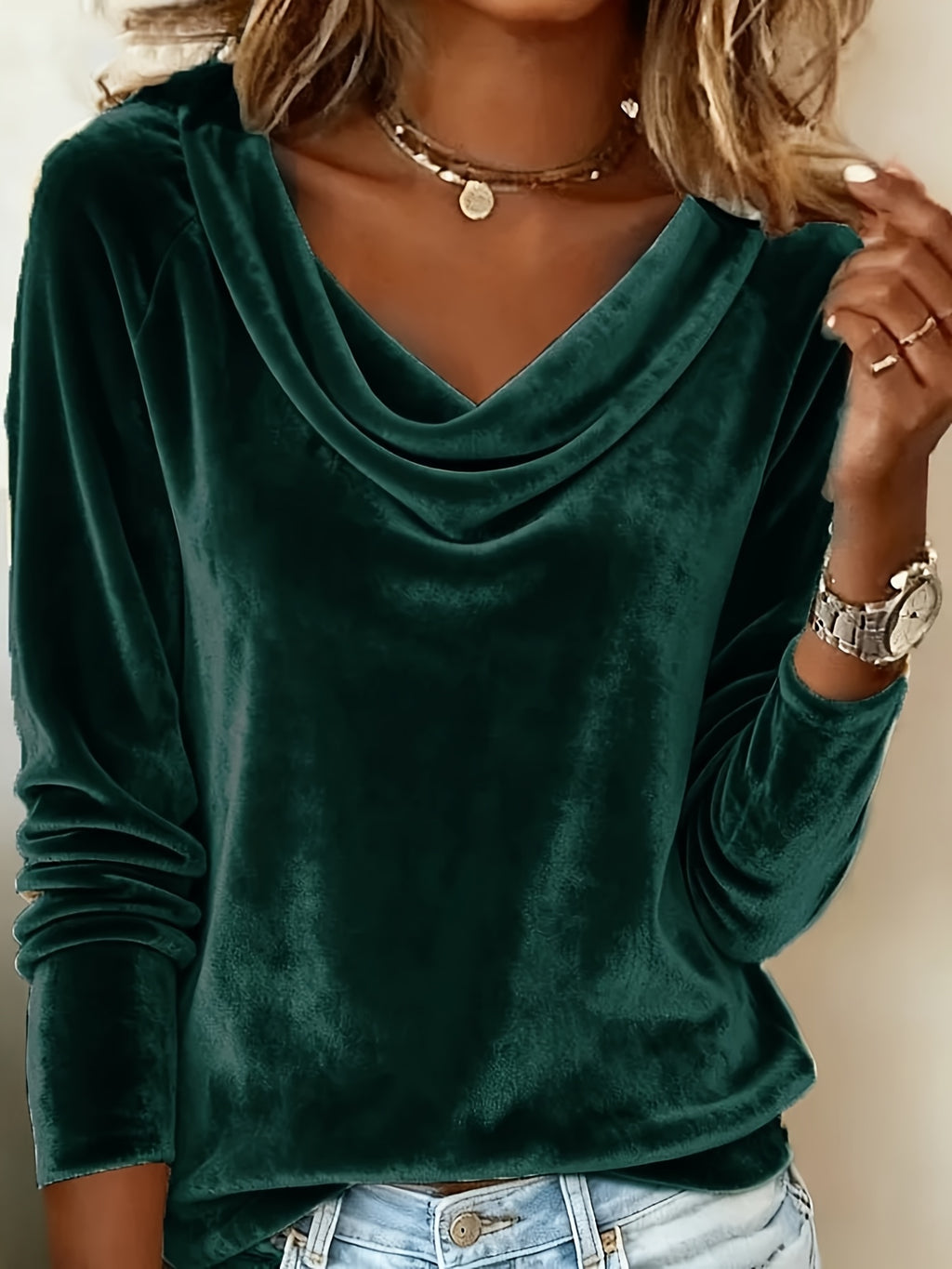 Women'S Fashion New Solid Color Batwing Neckline Velvet T-shirt | Long-sleeve, Asymmetrical Design, Elegant Style, Versatile Everyday Top for Spring and Autumn