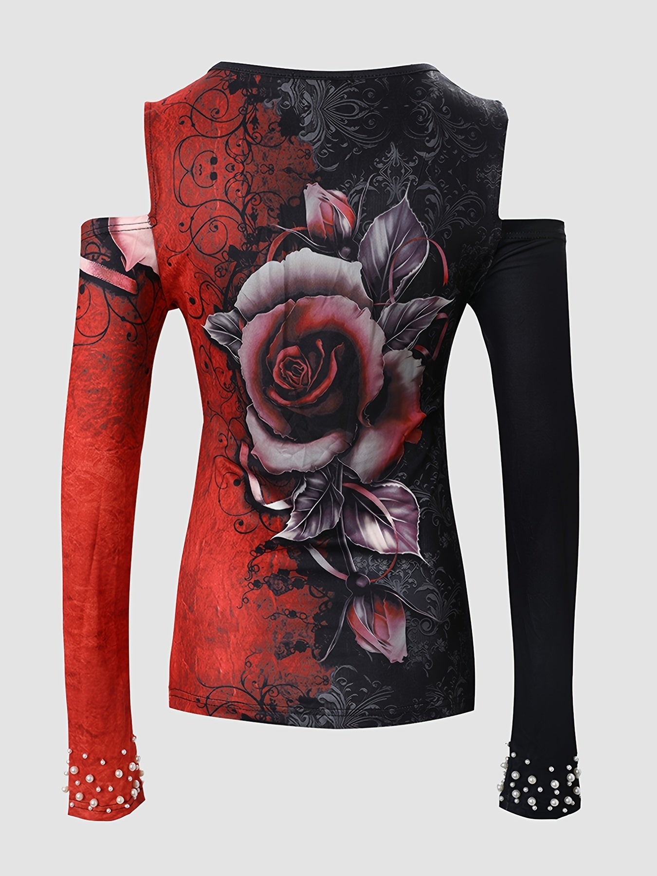 Floral Print Color Block V-Neck Long Sleeve T-Shirt for Women, Casual Everyday Tops