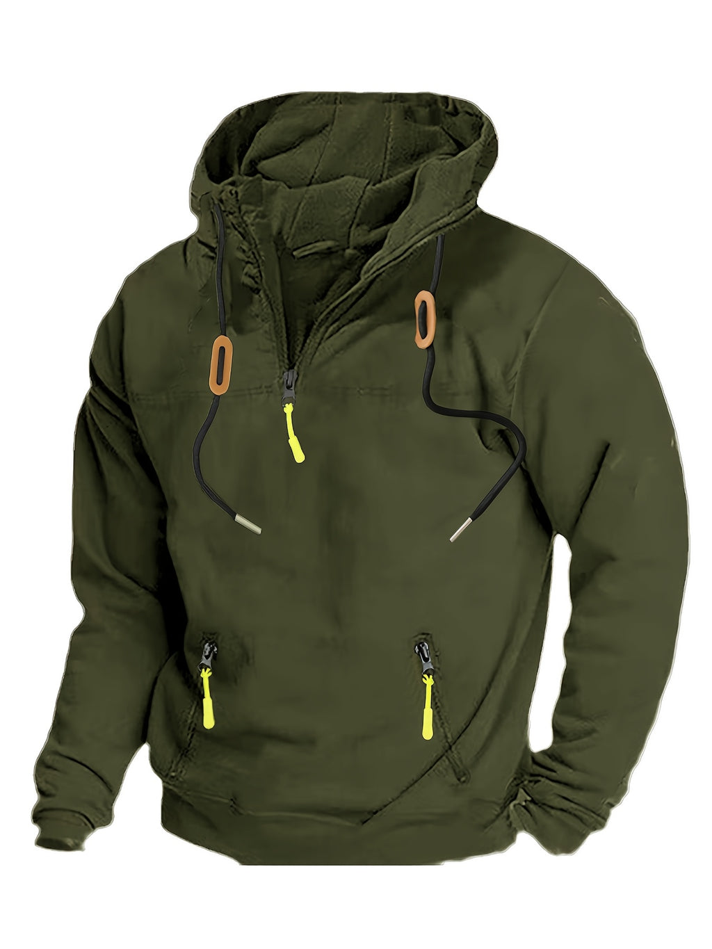 [Loose Fit Hooded Sweatshirt] Men's Olive Green Loose Fit 1/4 Zip Hooded Sweatshirt | Casual Long Sleeve Pullover with Elastic Cuffs, Machine Washable for Hiking, Travel & Outdoor Activities (Spring/Fall)