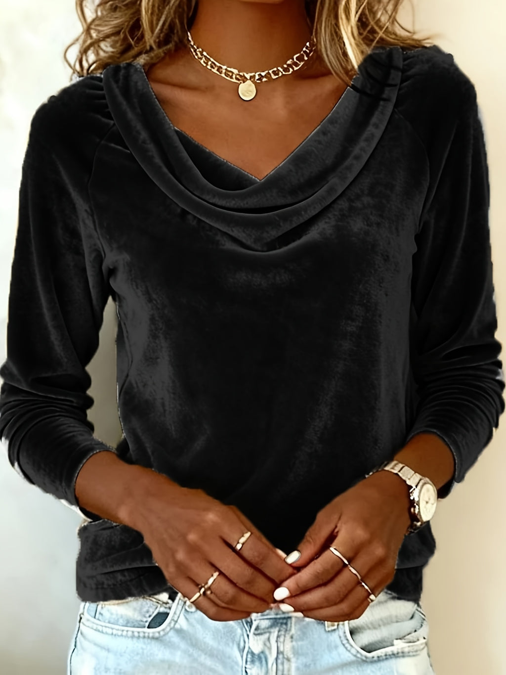 Women'S Fashion New Solid Color Batwing Neckline Velvet T-shirt | Long-sleeve, Asymmetrical Design, Elegant Style, Versatile Everyday Top for Spring and Autumn