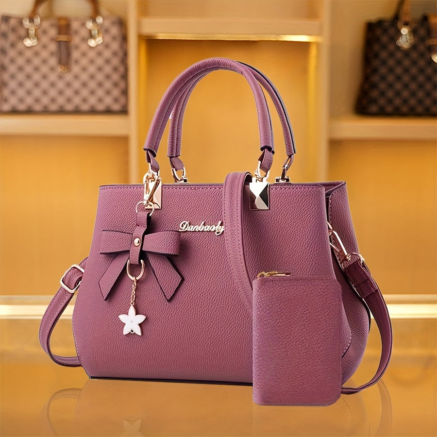 Chic Bow Decor Handbag for Women - Versatile Top Handle Satchel with Coin Purse, Adjustable Strap, And Zip Closure - Available in Khaki, Dark Pink, Light, - Synthetic Material with Acrylic Lining, Cute Handbag