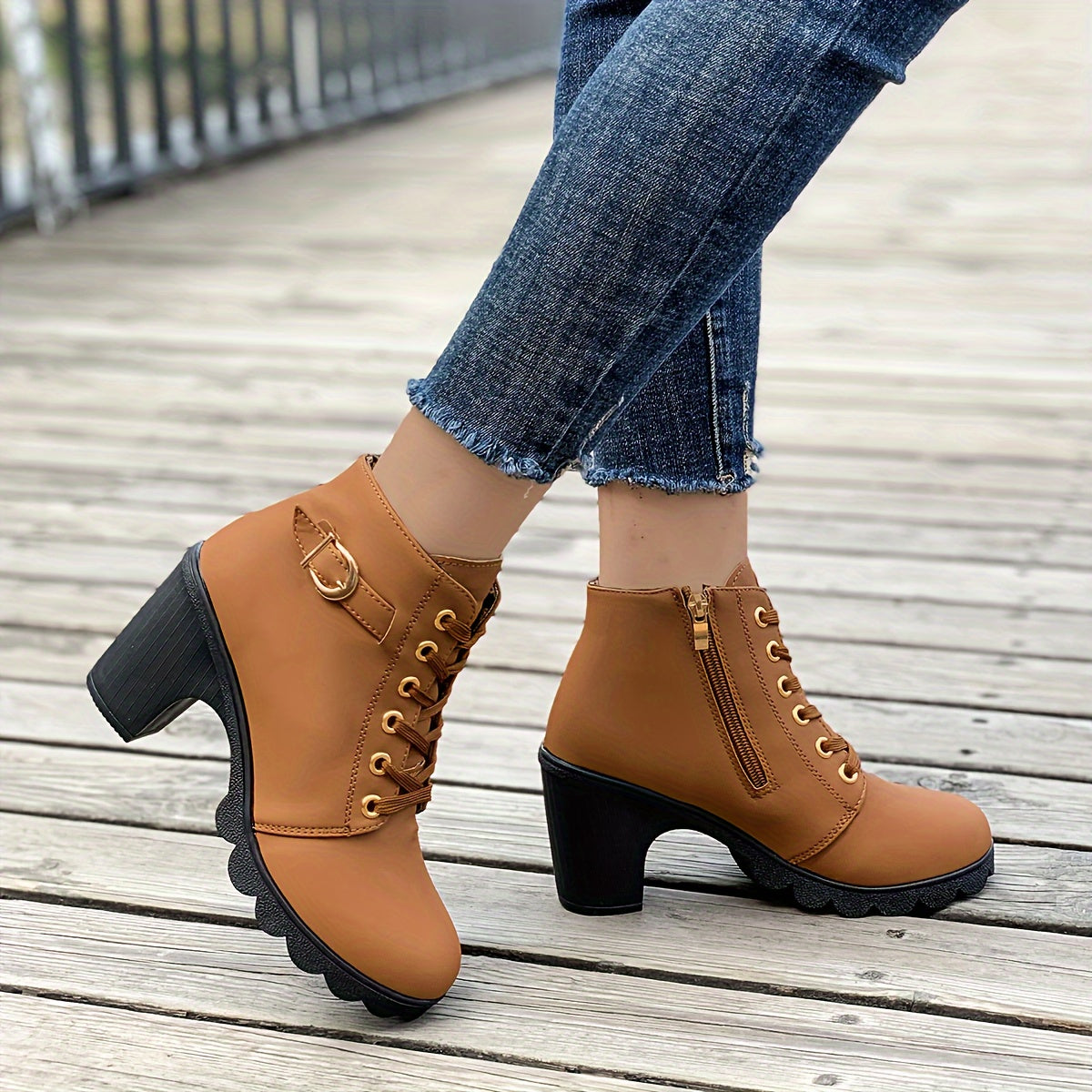Women's Chunky Heel Ankle Boots - Black Faux Cover Lace-Up Side Zipper Booties with Golden Accents, Cap Toe & Comfortable Block Heel for Casual Outings