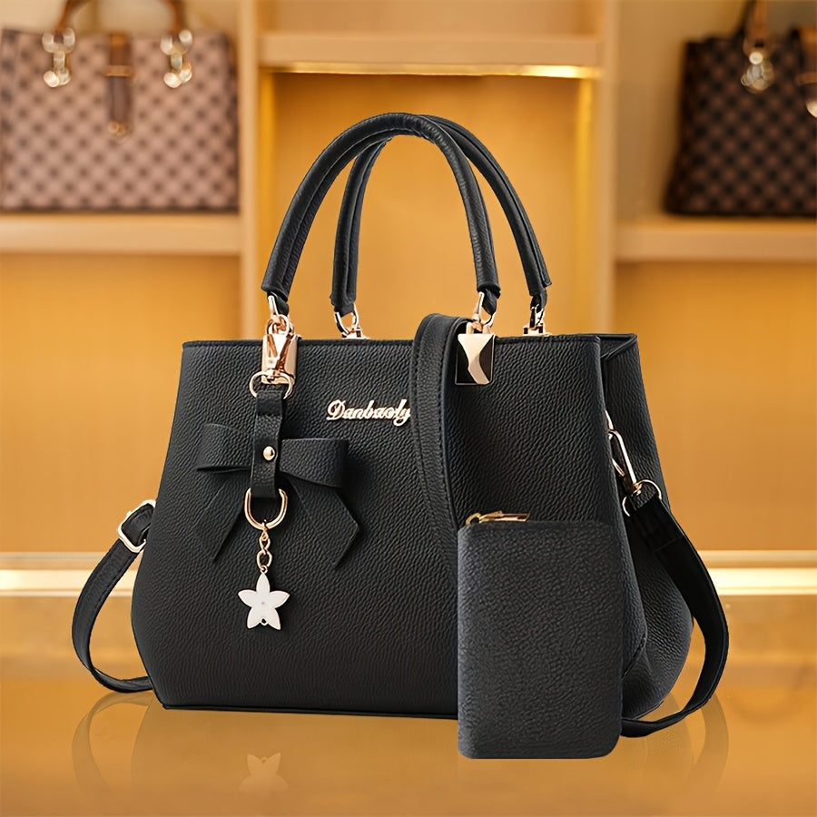 Chic Bow Decor Handbag for Women - Versatile Top Handle Satchel with Coin Purse, Adjustable Strap, And Zip Closure - Available in Khaki, Dark Pink, Light, - Synthetic Material with Acrylic Lining, Cute Handbag