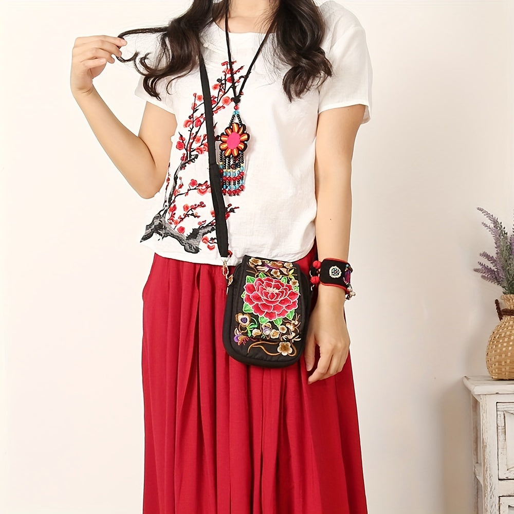 Women's Lightweight Embroidered Crossbody Bag with Detachable Strap - Floral Geometric Embroidery Design, Zipper Closure, Compact Mini Shoulder Bag for Everyday Essentials (Navy/Purple/Red/Black), Crossbody Bag, Polyester Lin