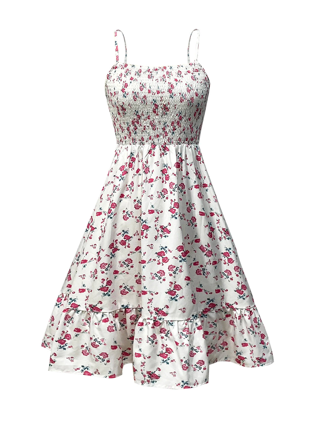 Damen-Kleid mit Blumendruck, gerafftem Spaghettiträgern – Sommer-Boho-Sommerkleid mit Rüschen, lässiges Strand-Maxikleid