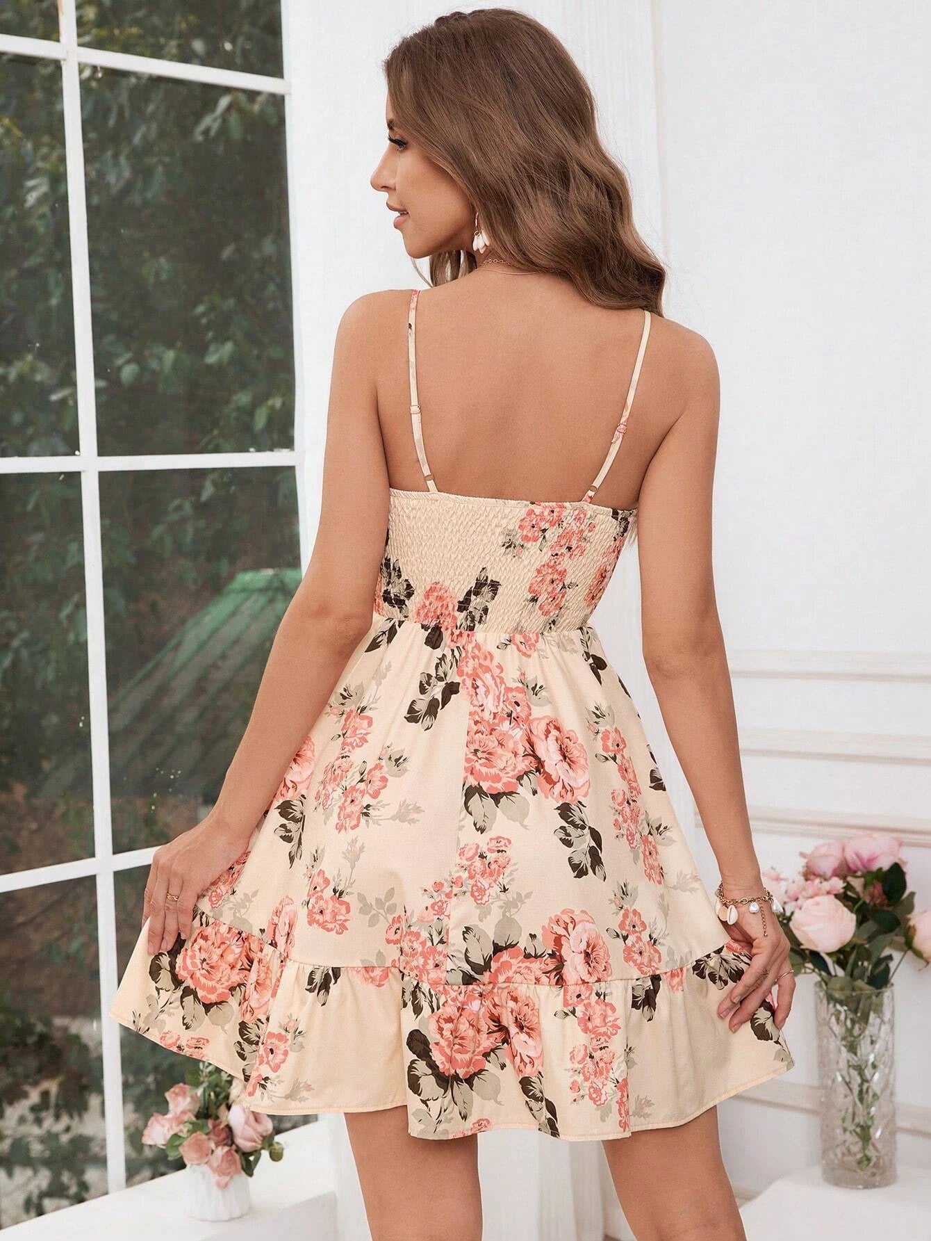 Damen-Kleid mit Blumendruck, gerafftem Spaghettiträgern – Sommer-Boho-Sommerkleid mit Rüschen, lässiges Strand-Maxikleid