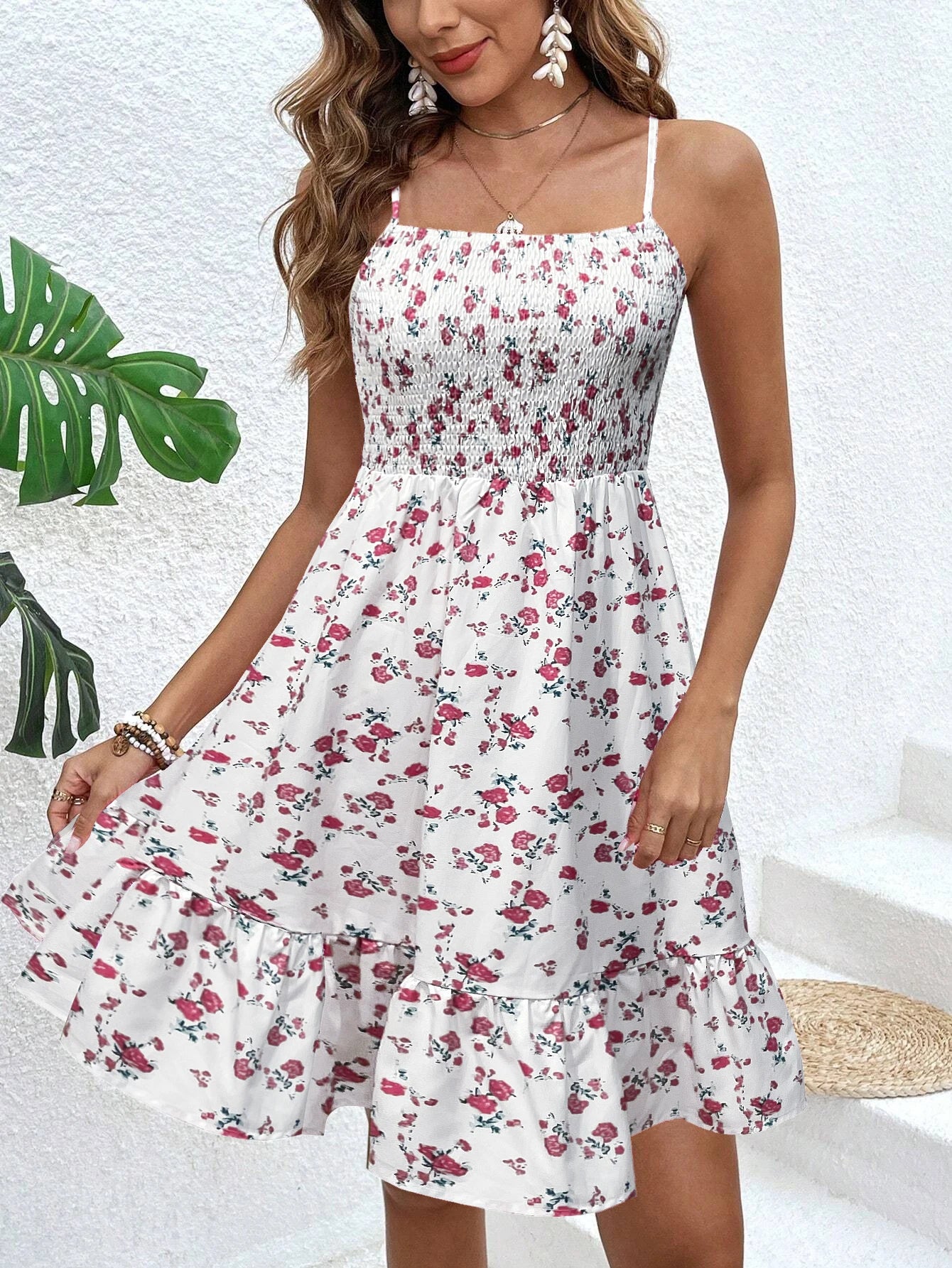 Damen-Kleid mit Blumendruck, gerafftem Spaghettiträgern – Sommer-Boho-Sommerkleid mit Rüschen, lässiges Strand-Maxikleid