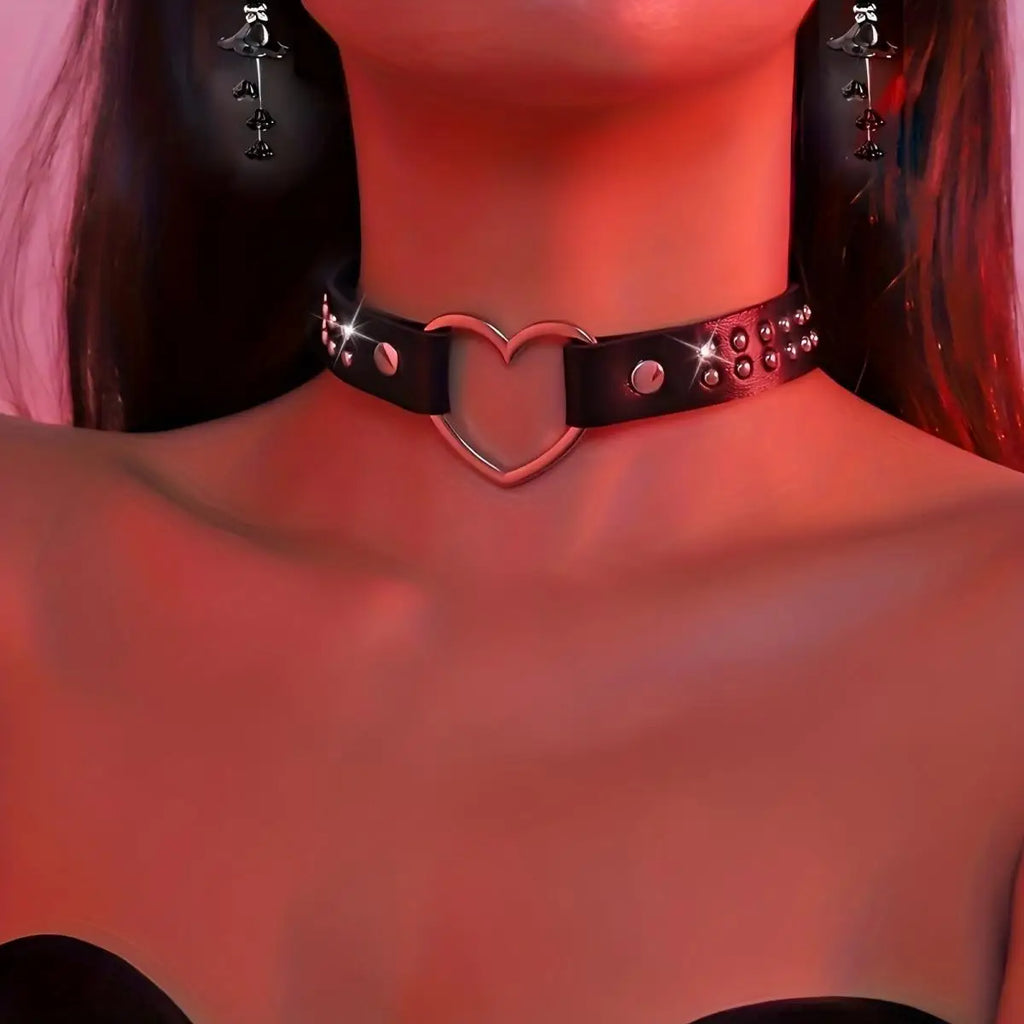 Y2K Punk Gothic Herz Ohrstecker PU Leder Halsband Halskette für Frauen – Sexy No Plating Daily Wear Schmuck