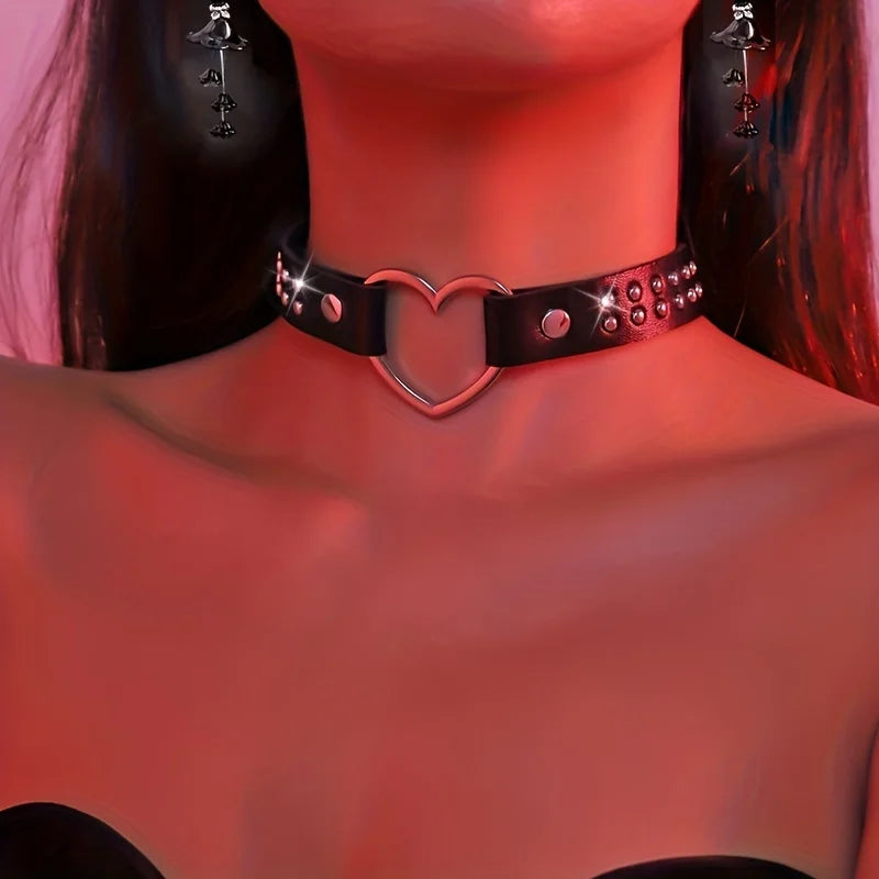 Y2K Punk Gothic Herz Ohrstecker PU Leder Halsband Halskette für Frauen – Sexy No Plating Daily Wear Schmuck