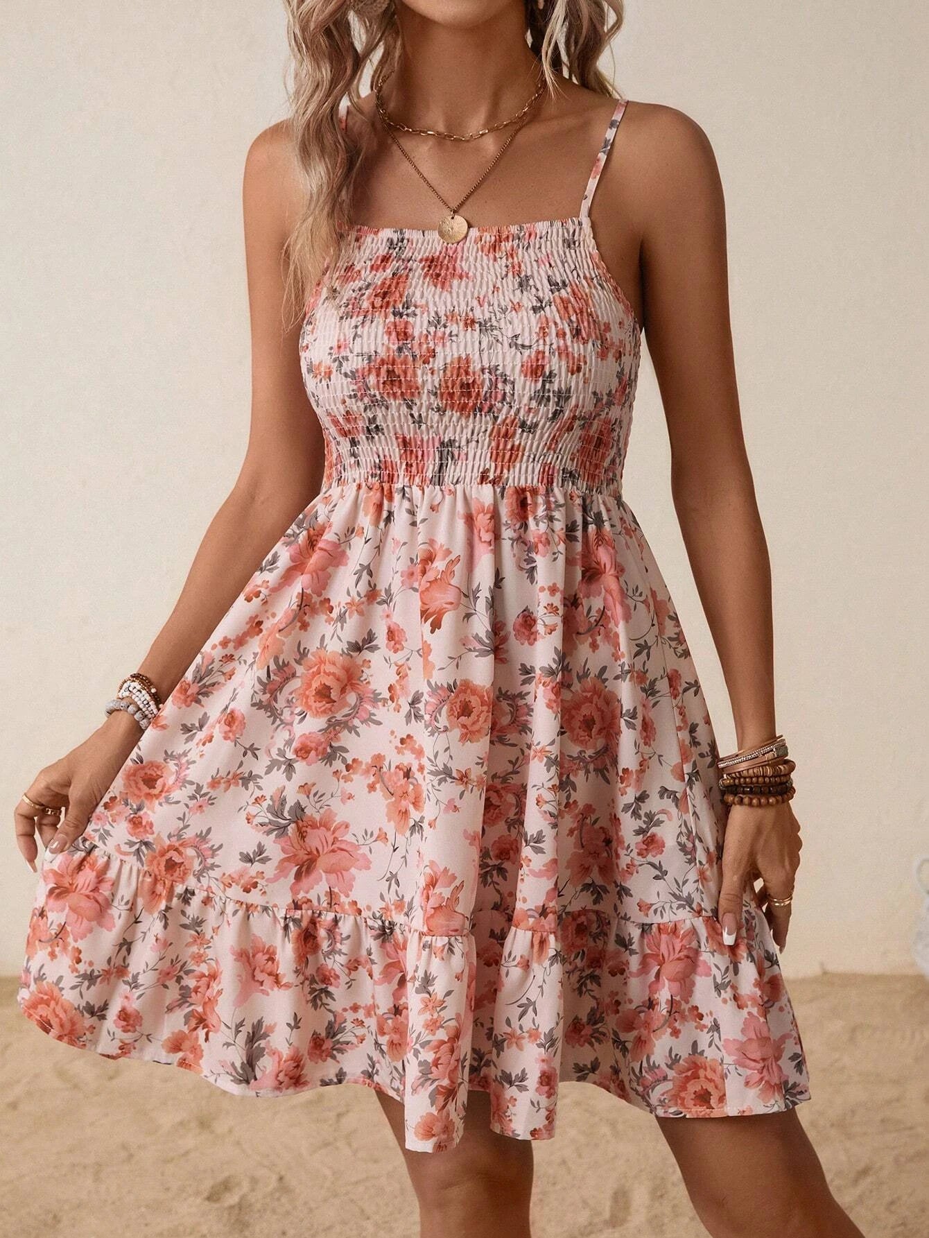 Damen-Kleid mit Blumendruck, gerafftem Spaghettiträgern – Sommer-Boho-Sommerkleid mit Rüschen, lässiges Strand-Maxikleid
