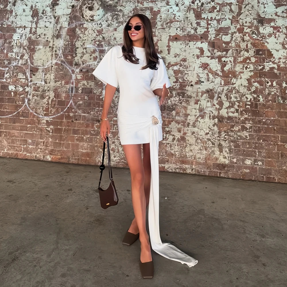 Apprabant Women Buckle Ruched Ribbon Mini Dress O-Neck Metal Short Sleeve Solid Color Silm Bodycon Short Dress Casual Partywear