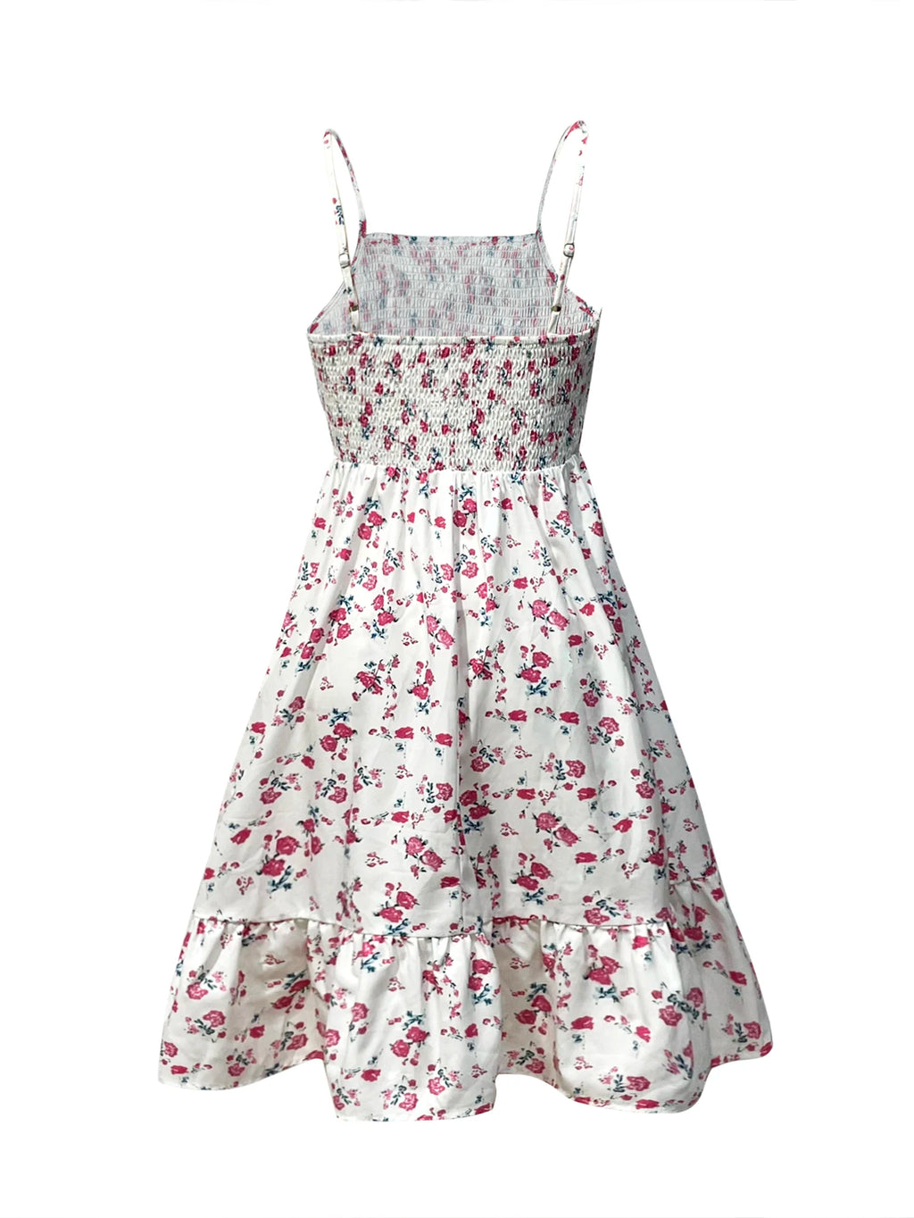 Damen-Kleid mit Blumendruck, gerafftem Spaghettiträgern – Sommer-Boho-Sommerkleid mit Rüschen, lässiges Strand-Maxikleid