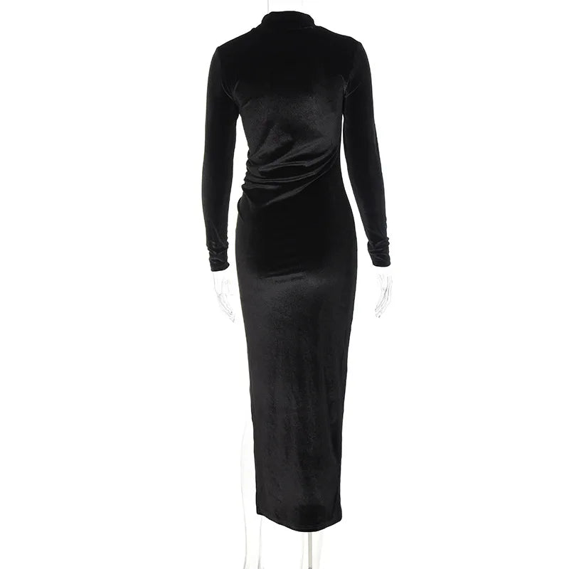 Herbst Winter Frauen Feste Samt Langarm Geraffte Midi Kleid Seite Slit Bodycon Sexy Streetwear Partei Elegante Club