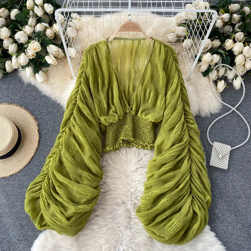 Sommer Sexy Drapierte Chiffon Bluse Für Frauen Elegante V-ausschnitt Puff Langarm Kurze Tops Weibliche Dünne Party Shirts 2022 Neue Mode