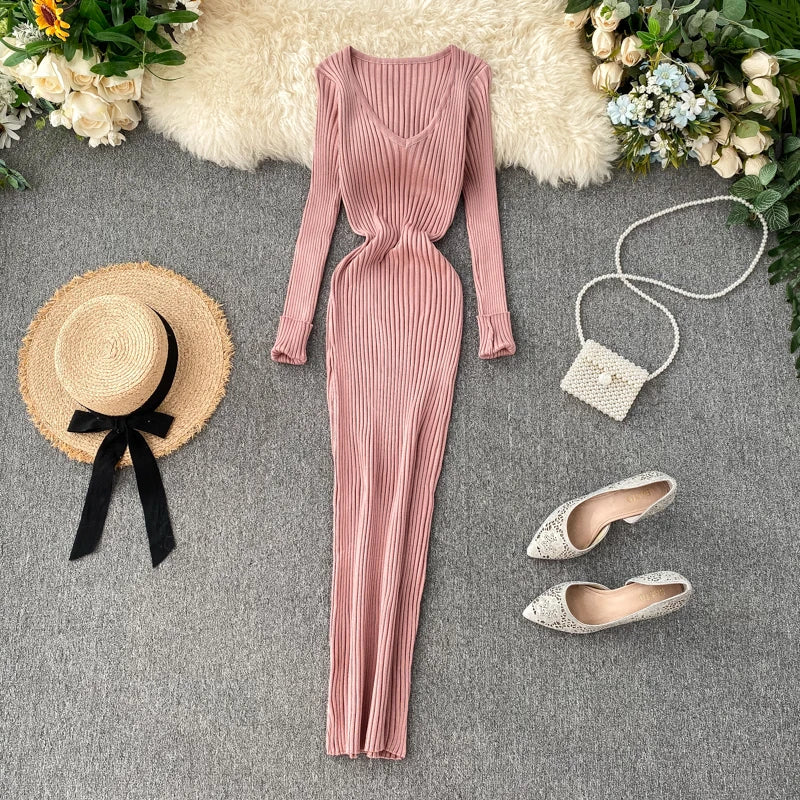 SINGREINY Frauen Herbst Gestrickte Kleid V-ausschnitt Sexy Dünne Elastische Übergroßen Grundlegende Bodycon Pullover Kleid Winter stricken Warme Lange Kleid