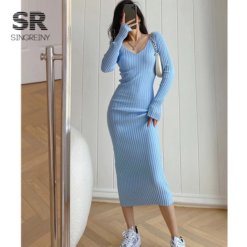 SINGREINY Frauen Herbst Gestrickte Kleid V-ausschnitt Sexy Dünne Elastische Übergroßen Grundlegende Bodycon Pullover Kleid Winter stricken Warme Lange Kleid