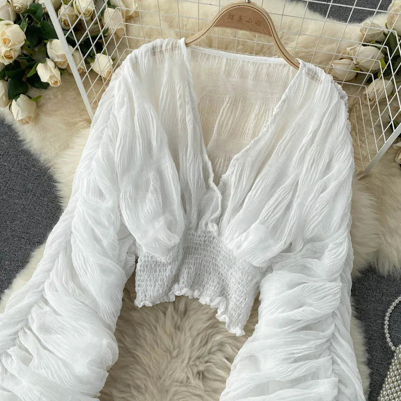 Sommer Sexy Drapierte Chiffon Bluse Für Frauen Elegante V-ausschnitt Puff Langarm Kurze Tops Weibliche Dünne Party Shirts 2022 Neue Mode