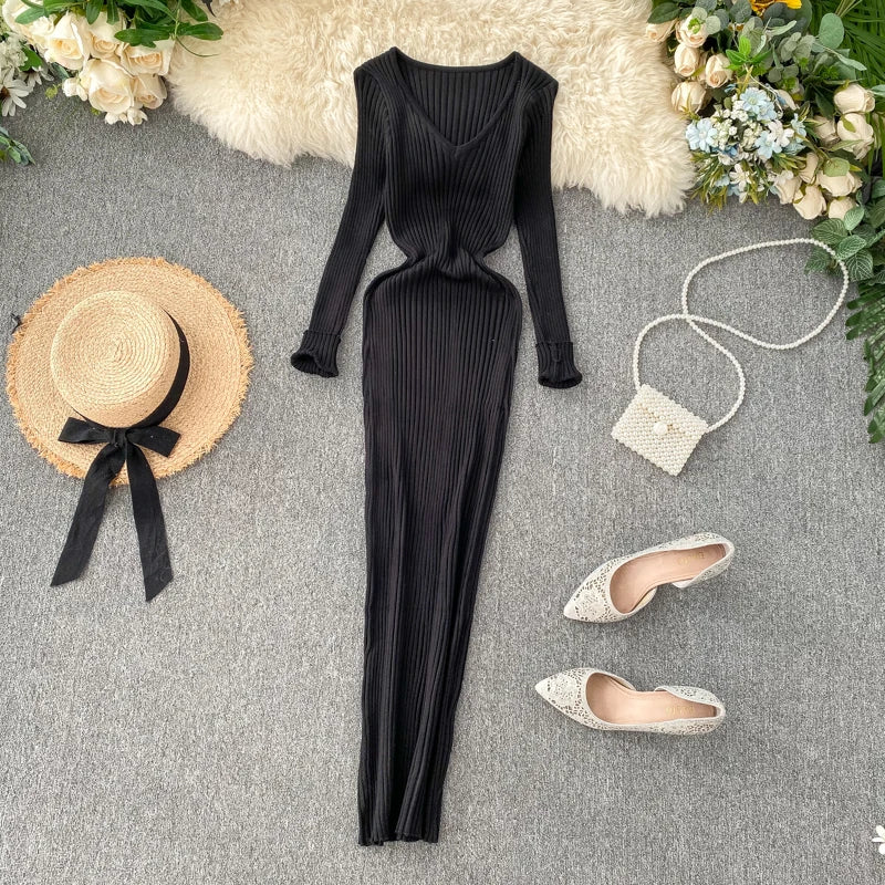 SINGREINY Frauen Herbst Gestrickte Kleid V-ausschnitt Sexy Dünne Elastische Übergroßen Grundlegende Bodycon Pullover Kleid Winter stricken Warme Lange Kleid